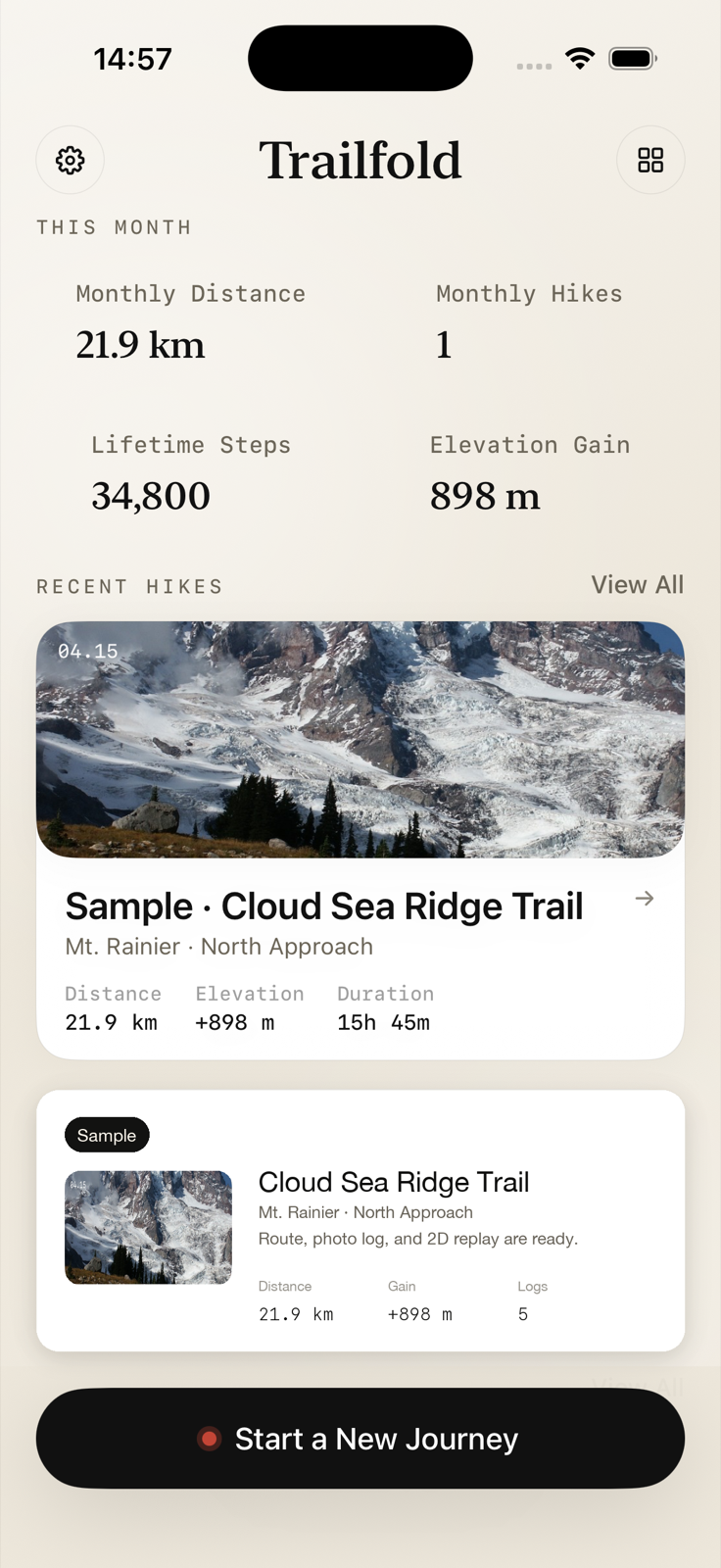 Trailfold iPhone monthly overview and recent hike screen