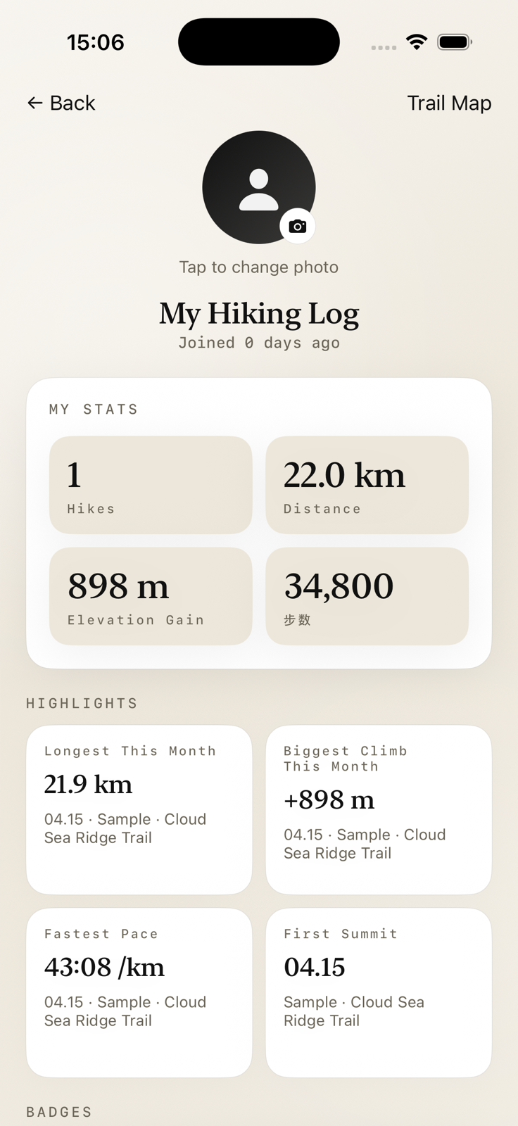 Trailfold settings and archive screen showing Apple Watch and export controls