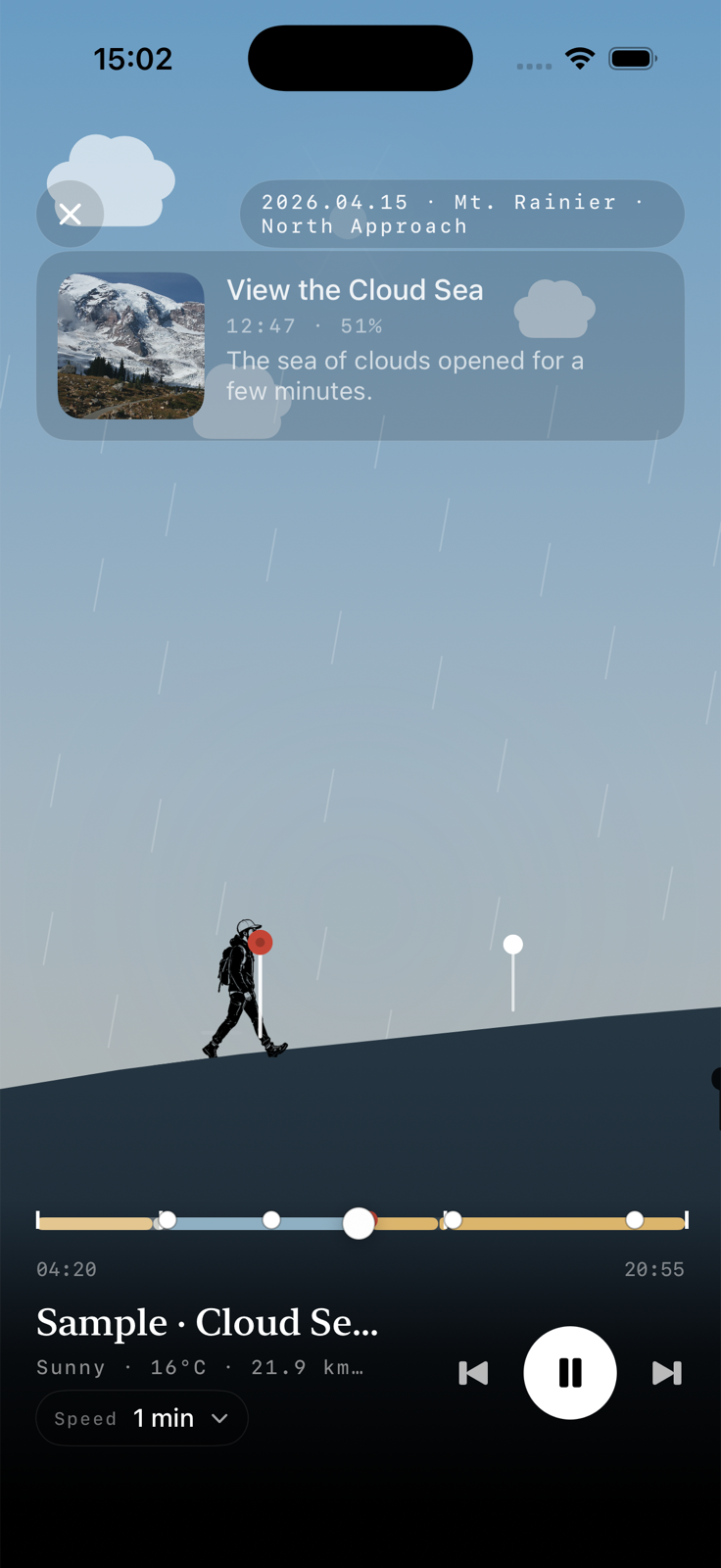 Trailfold 2D replay screen with route timeline and hiking silhouette