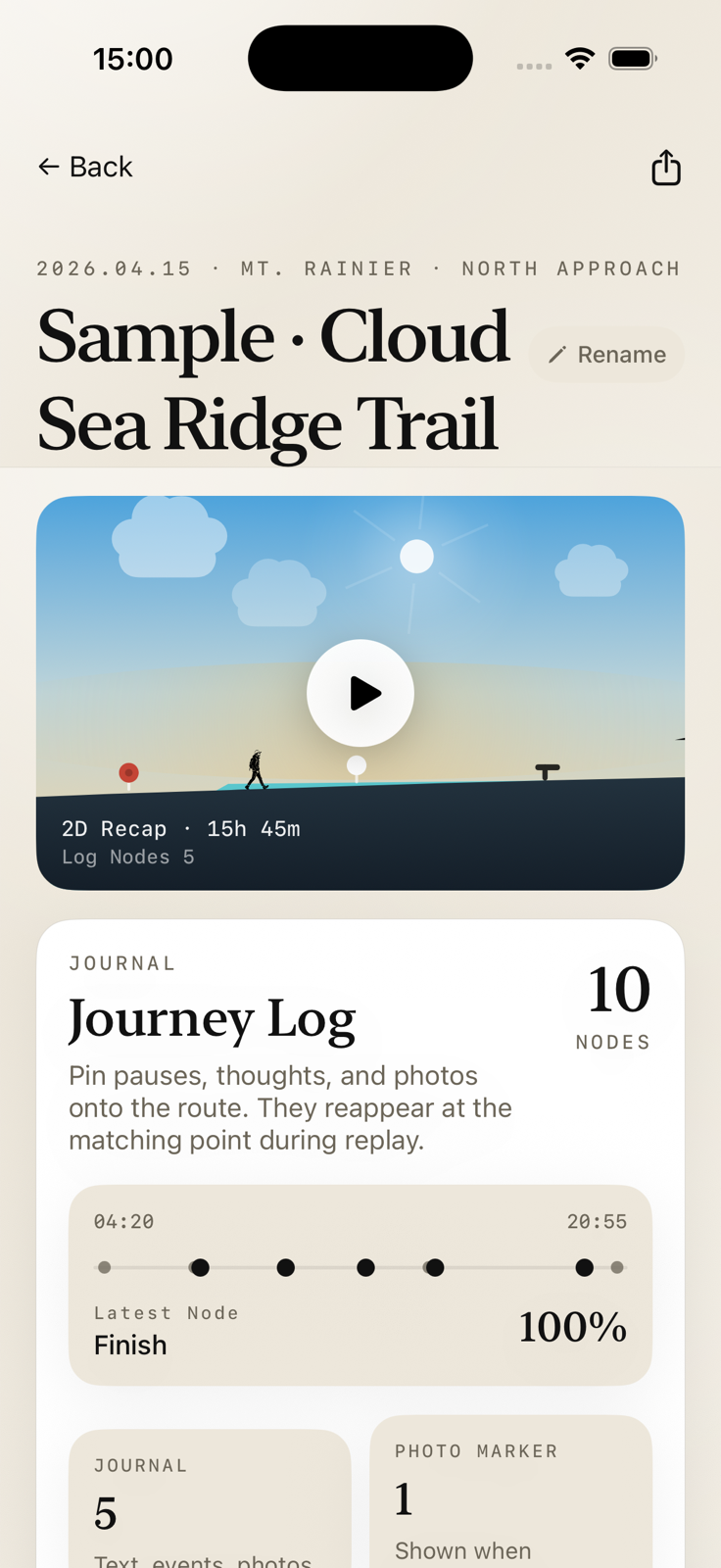 Trailfold hike summary screen with journal nodes and replay card